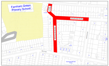 A map of Farnham Green Primary school area where Douglas Road (including Erin Close) are coloured red between Percy Road and Eastwood Road are coloured red to indicate the vehicle prohibition area.
