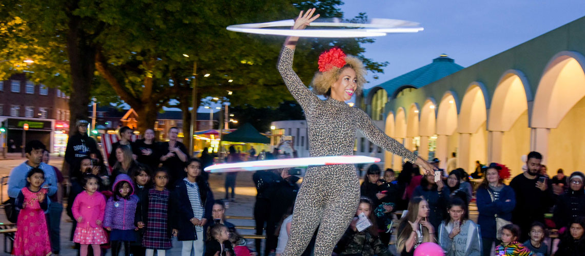 Person performing with 2 hula hoops