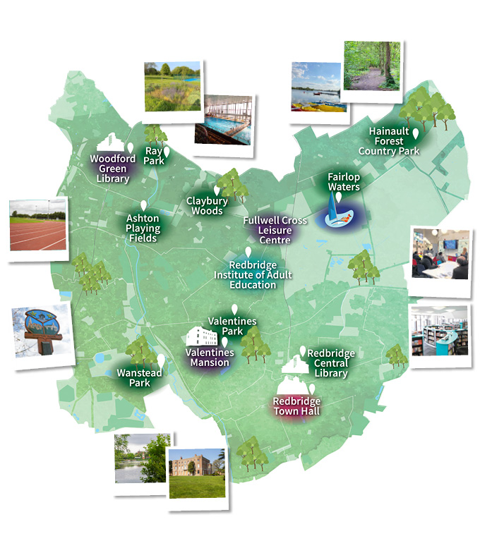 Map of Redbridge with points of interest 