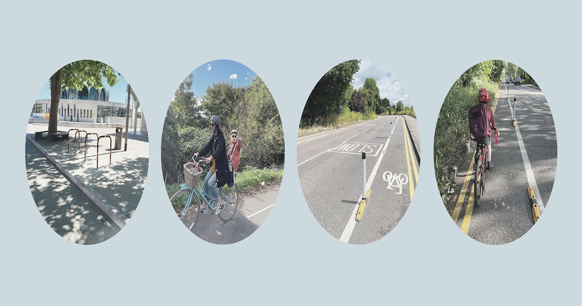  4 small circles with images of cycle lanes and cyclists in them