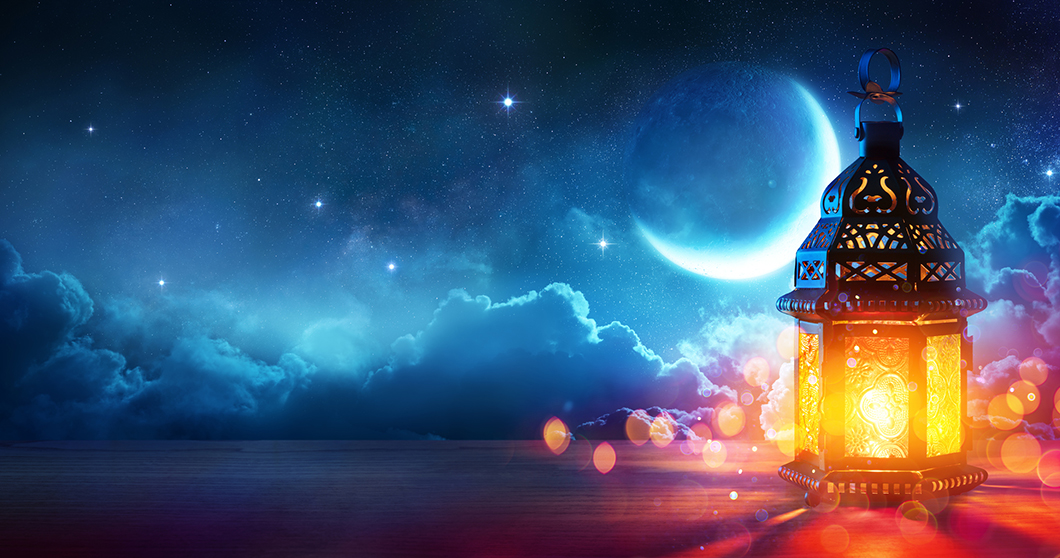 Moon And Arabian Lantern With Blue Sky At Night With Abstract Defocused Lights -