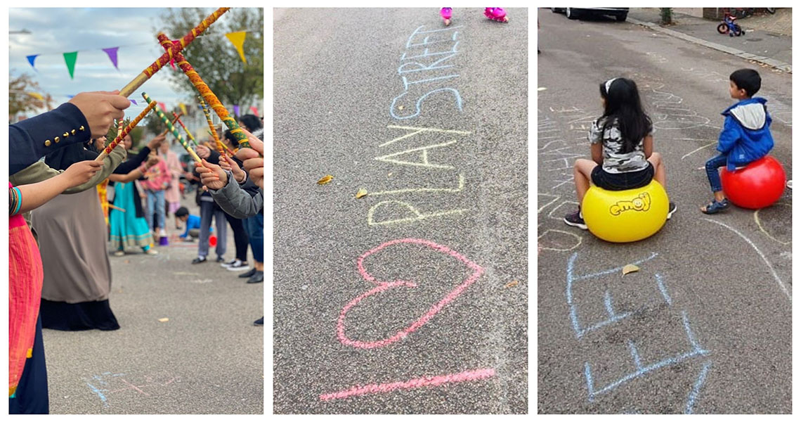 images of children playing and community members dancing