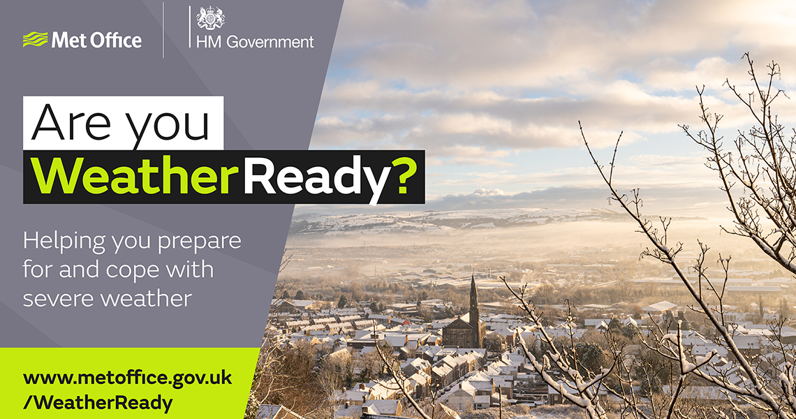 Met Office infographic with text: Are you weather ready? Helping you prepare for and cope with severe weather