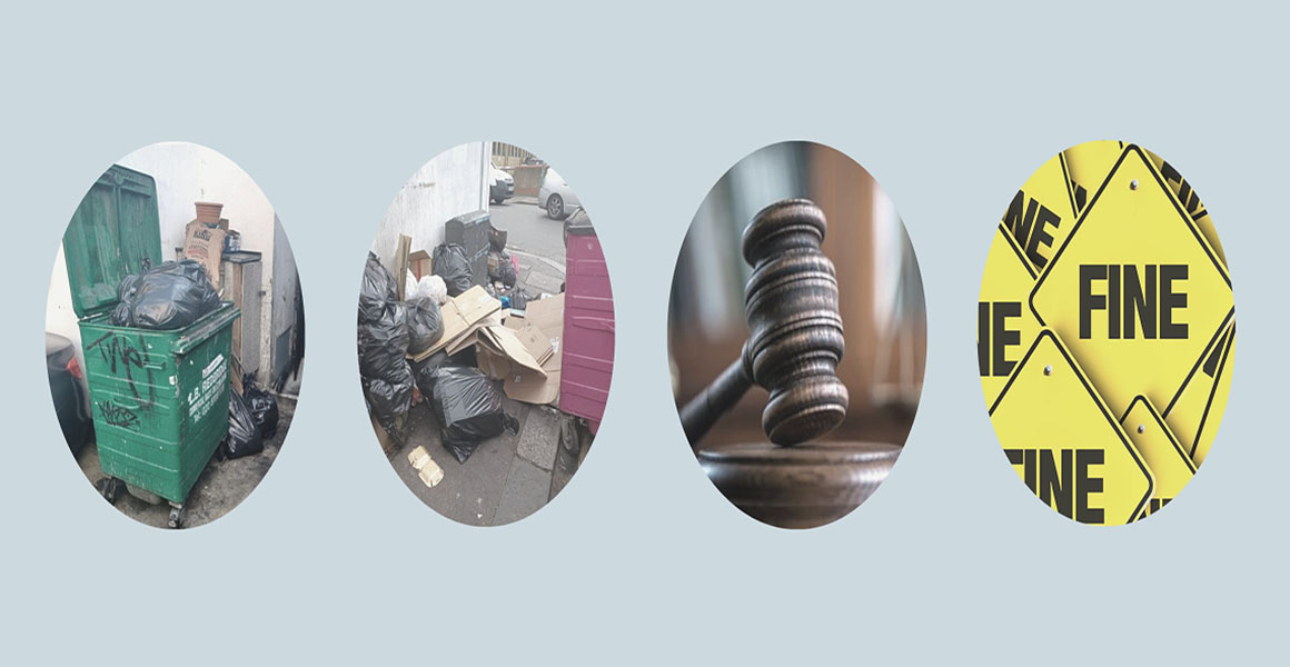 four circle based images of waste, court gavel and fine sign