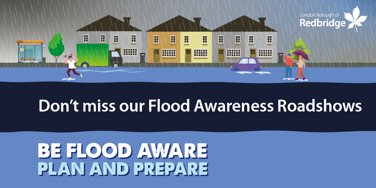 houses with rain on them with text reading Don't Miss Our Flood Awareness Roadshows