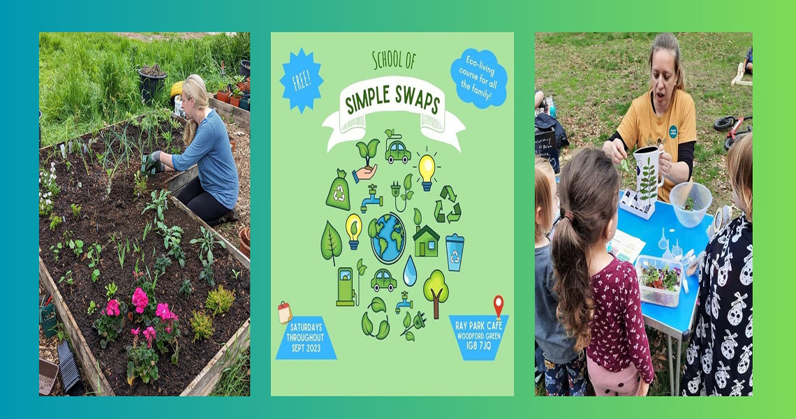 images of lady planting, school of simple swaps logo and children planting