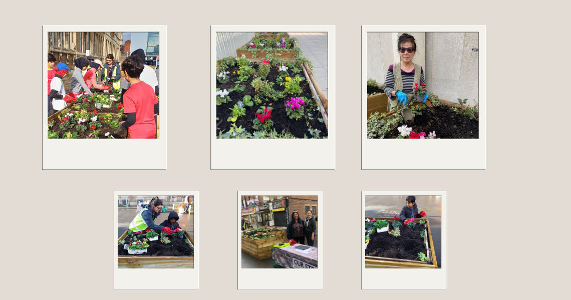 collage of people planting flowers