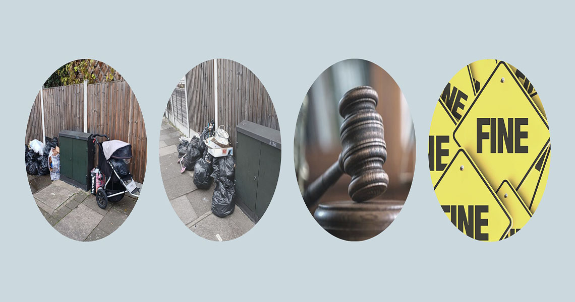 collage of fly-tip and fines logo