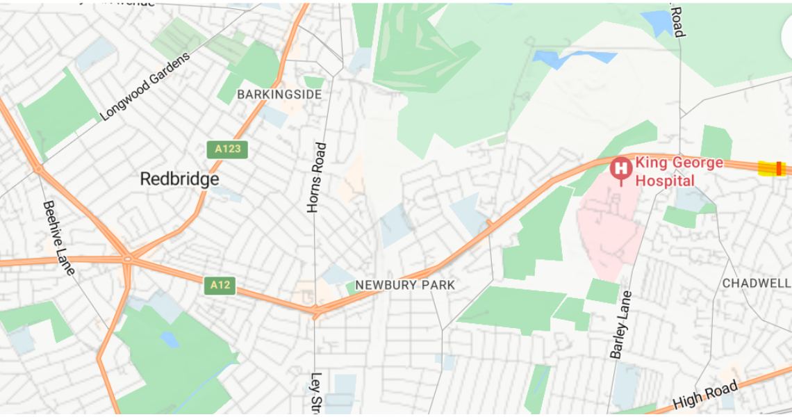 Map showing Eastern Avenue from the roundabout at the A406 to Somerville Road