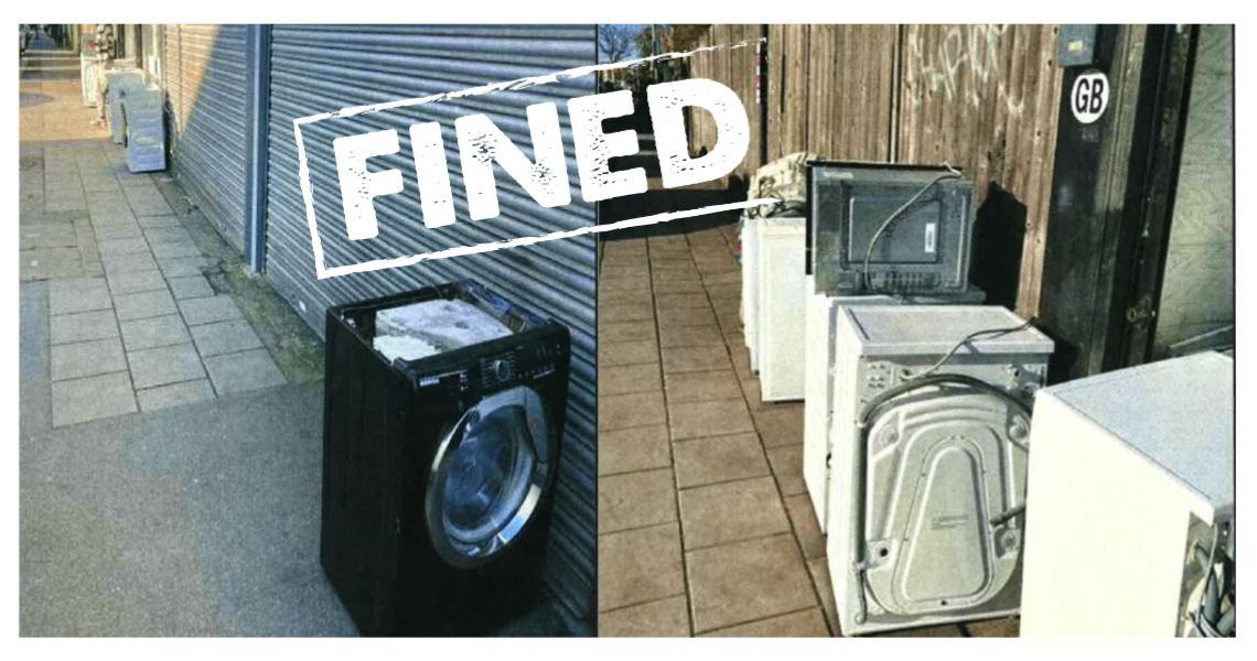 washing machines on the street with the word FINED written across it