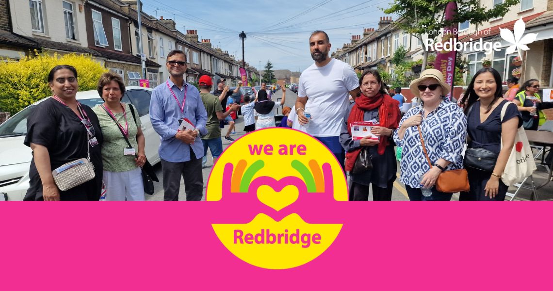 Leader and Councillors on Roman Road with the We Are Redbridge logo across the image