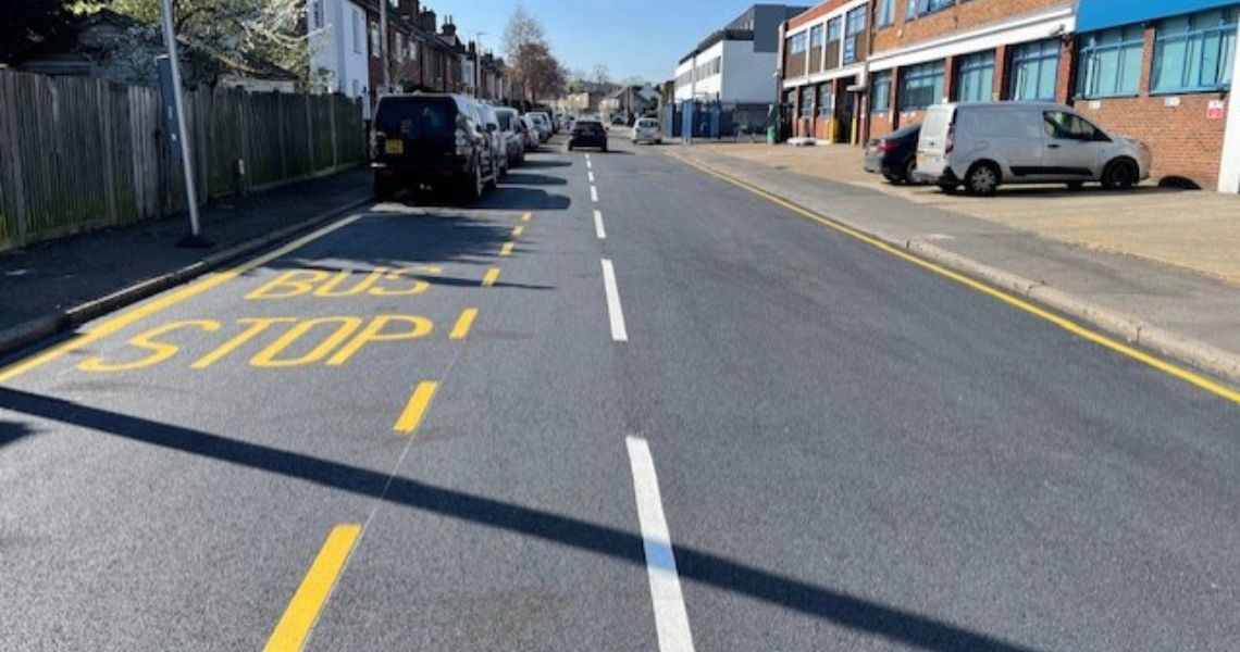 Newly resurfaced and painted Maybank Drive in Redbridge