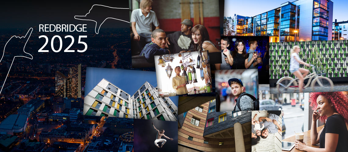 Small pictures of people and places of Redbridge with the Redbridge 2025 logo