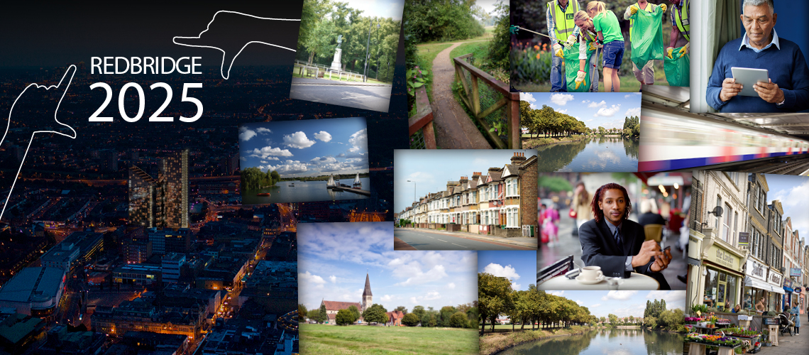 Small pictures of people and places in Redbridge with the Redbridge 2025 logo
