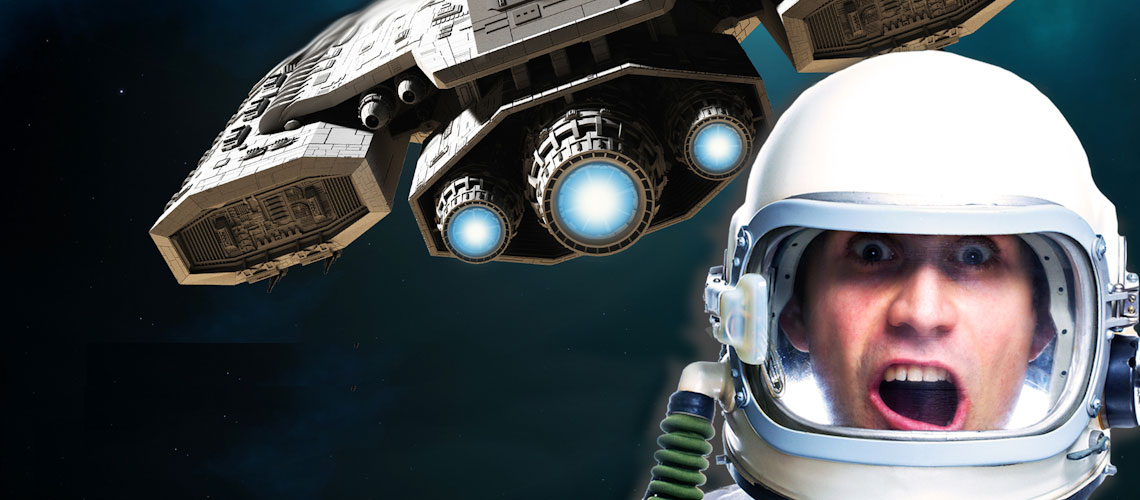 astronaut flying in space with his spaceship in the distance