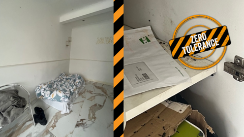 Before images of a property with a bed in the living room and mould on a shelf with Zero Tolerance badge