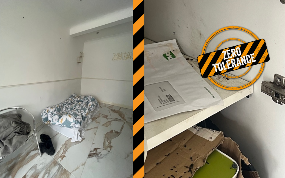 Before images of a property with a bed in the living room and mould on a shelf with Zero Tolerance badge