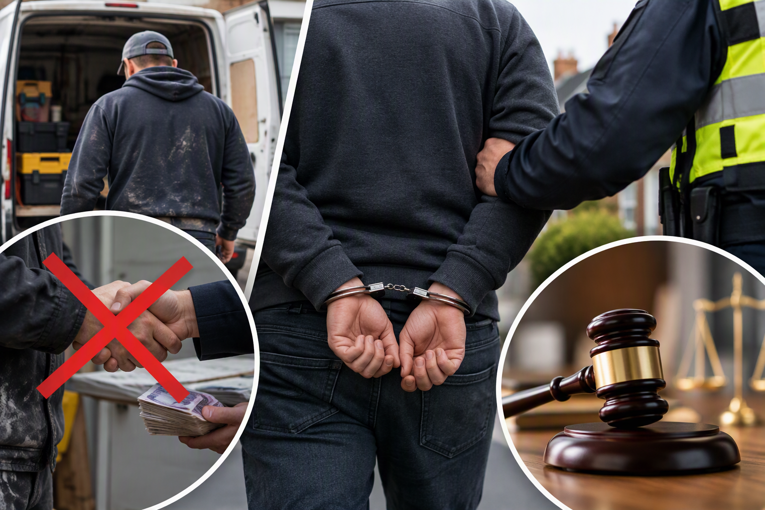 A composite image illustrating action against rogue traders. The central image shows a person in handcuffs being escorted by an enforcement officer.