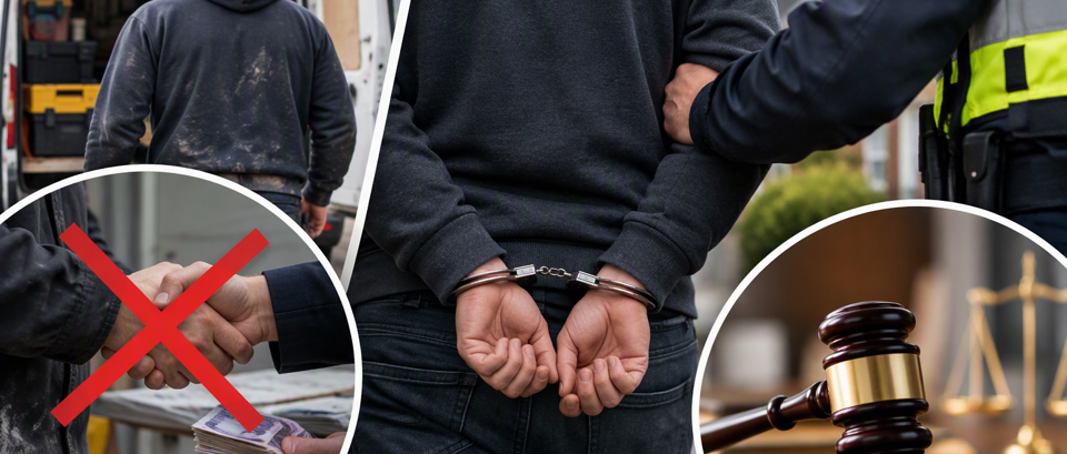 A composite image illustrating action against rogue traders. The central image shows a person in handcuffs being escorted by an enforcement officer.