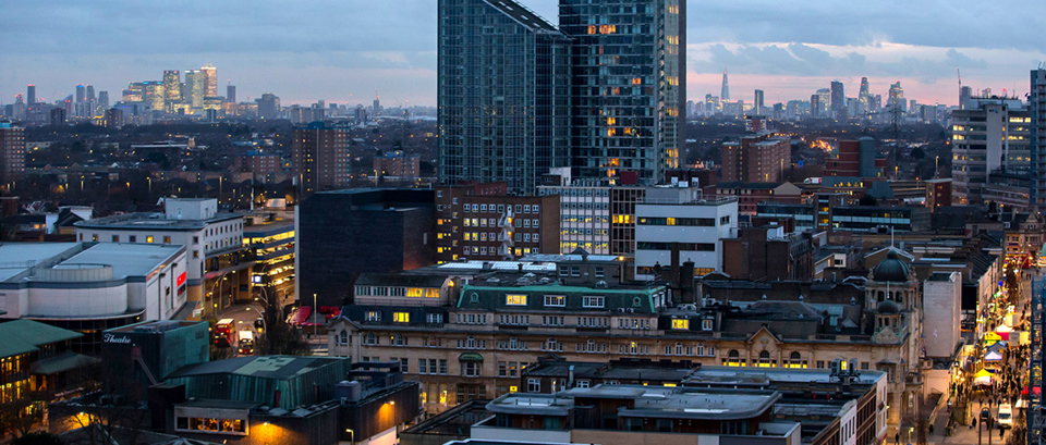Aerial shot of Ilford Town Centre at night