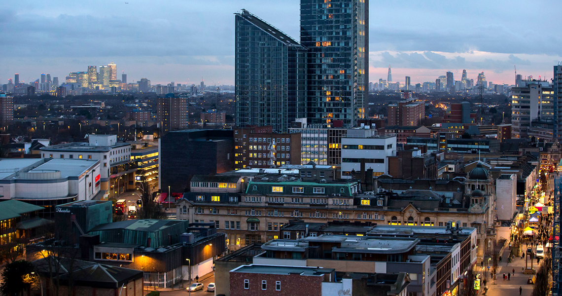 Aerial shot of Ilford Town Centre at night