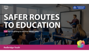 An images of a teacher with students, text says safer routes to education