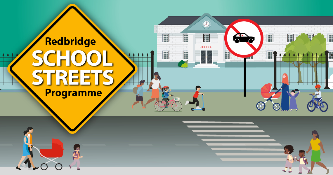 Graphic with school streets logo and images of people walking to school