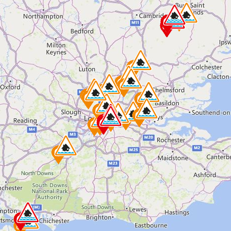 Weather warning map highlighting danger areas