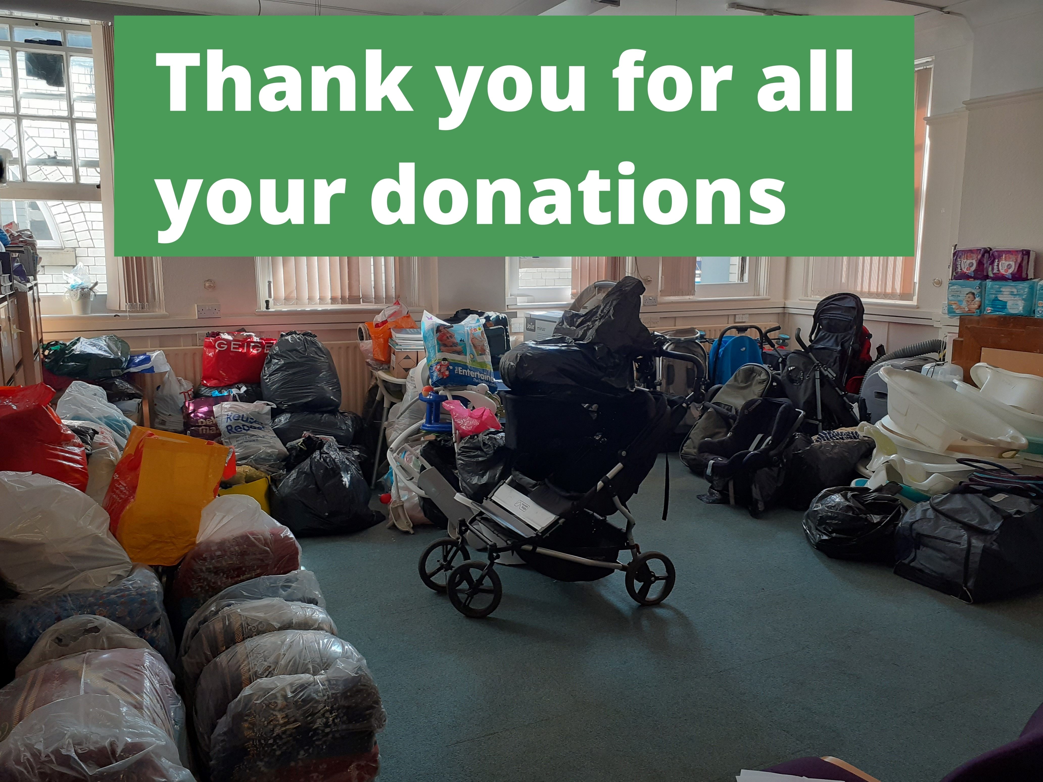 photograph of bags of donations received at the Town Hall