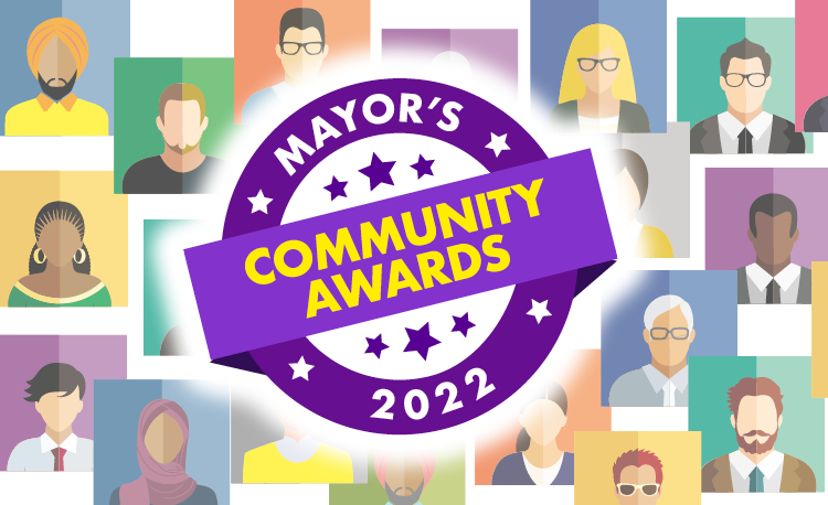 Colourful display of animated peoples headshots, with a large purple circle saying mayors community awards 2022
