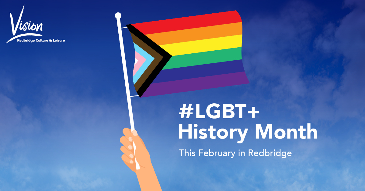 Hand holding an LGBT+ History Month Rainbow Flag agasint a Blue Sky