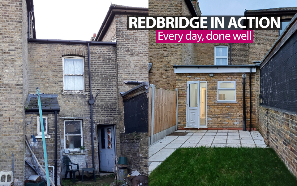 Before and after image of a garden of home that was left abandoned then renovated with a ' Redbridge in Action. Every day, done well' badge