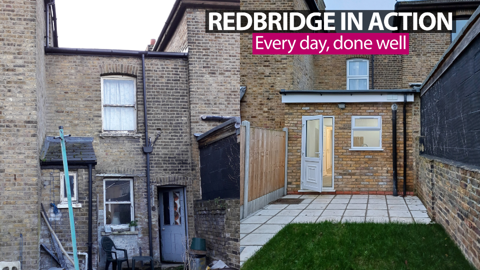Before and after image of a garden of home that was left abandoned then renovated with a ' Redbridge in Action. Every day, done well' badge