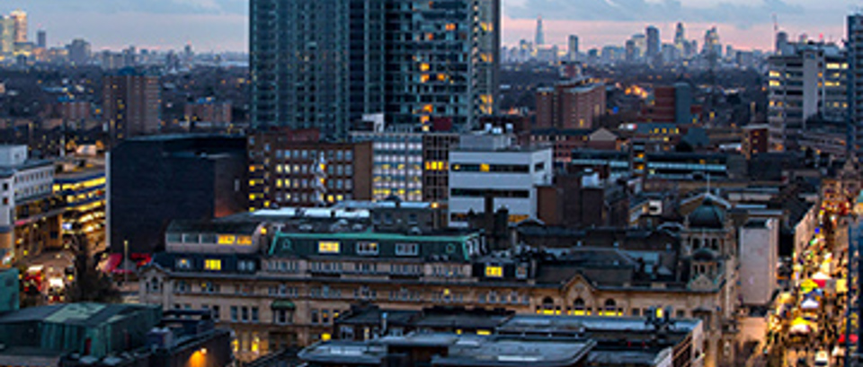 Aerial shot of Ilford Town Centre at night