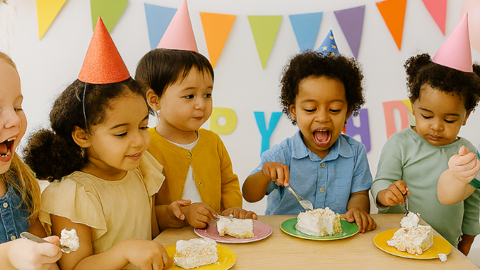 A group of children joyfully celebrating at a colorful birthday party with balloons and cake.