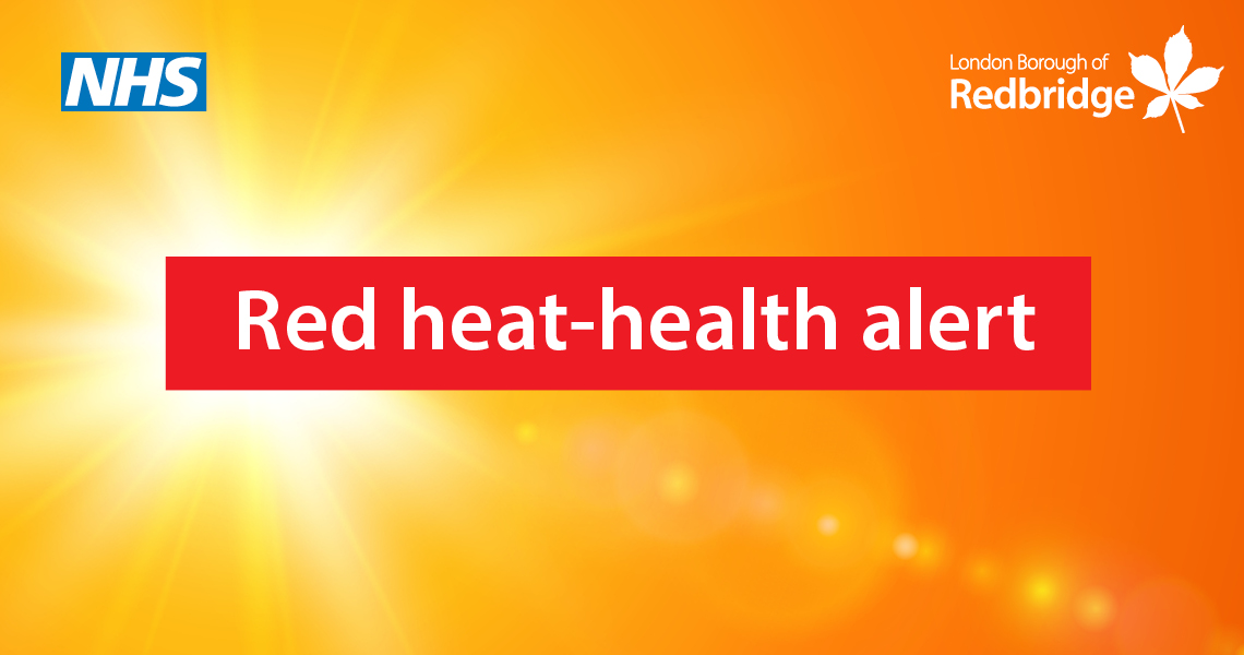 A bright yellow and orange background suggesting intense heat. In the centre is a red rectangular banner with white text reading “Red heat‑health alert.” The NHS logo appears in the top left corner, and the London Borough of Redbridge logo with a white leaf icon appears in the top right corner.