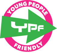 YPF letters in white with a green arrow background and a pink circle around that