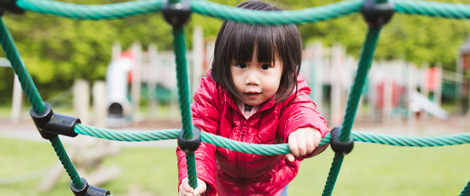 Children climbing a frame in the park