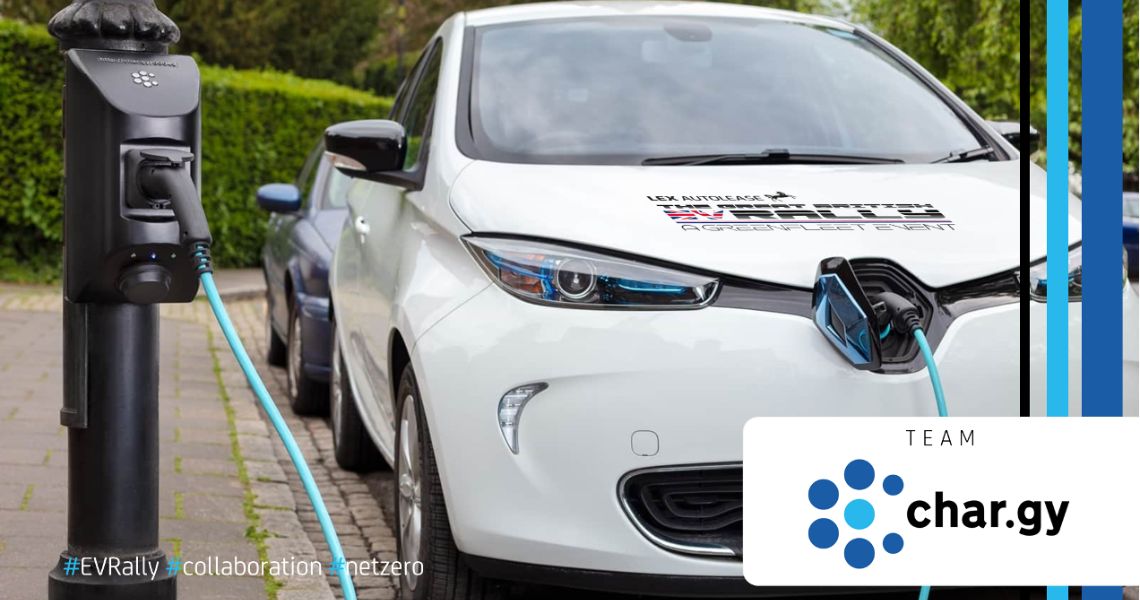 White electric vehicle being charged